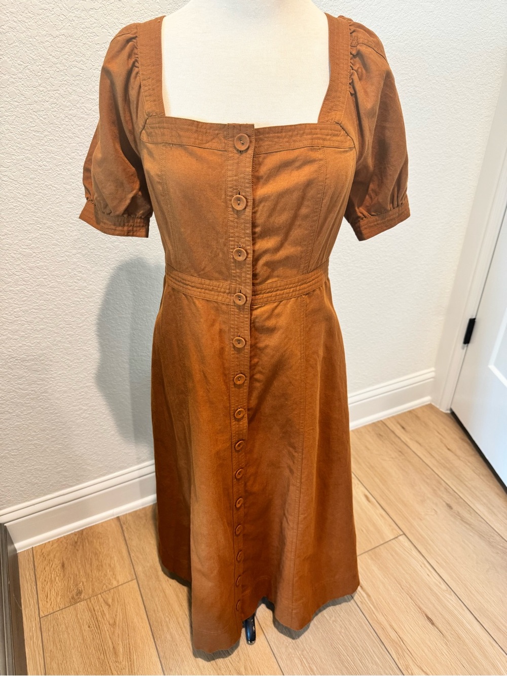 NWT Madewell Seamed Puff Sleeve Midi Dress Warm Coffee - Size 6 - Picture 3 of 6